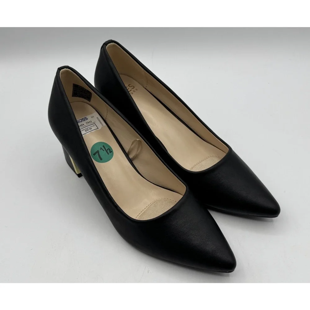 Jones New York Canal Black Block Gold Plated Heel Pumps Pointed Toe Size 7.5 NEW
